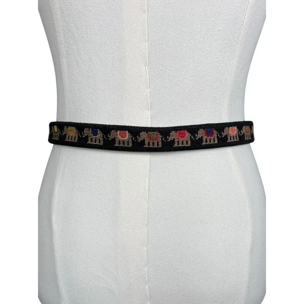 Vintage Elephant Needlepoint Belt Black Leather Preppy Size 31